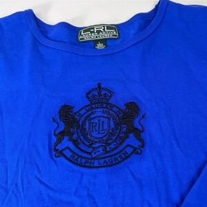 LRL Lauren Active Ralph Lauren Blue Long Sleeve‎ Top Crew Neck Crest Logo Large